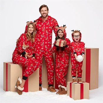 Zimo Božič Družinski Ujemanja Obleke Božič Pižamo Nastavite Hooded Jelenov Tiskanja Jumpsuit Moda Priložnostne Obleko, Zip More