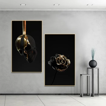 Zlato Cvet Lobanje Plakat Platno Slikarstvo Sliko Wall Art Tiskanja Črno Sodobnih za Dnevna Soba Dekoracijo Doma