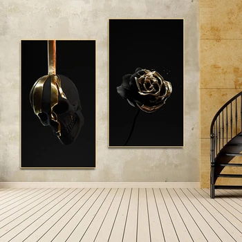 Zlato Cvet Lobanje Plakat Platno Slikarstvo Sliko Wall Art Tiskanja Črno Sodobnih za Dnevna Soba Dekoracijo Doma