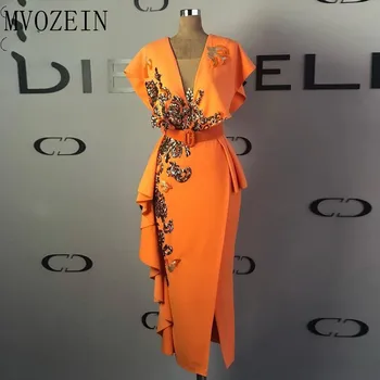 Zlato Čipke Appliques Večerne Obleke 2020 Skp Rokavi V Vratu Plašč Večerne Oranžna Režejo Sequins Čaj Dolžina Formalno Obleko