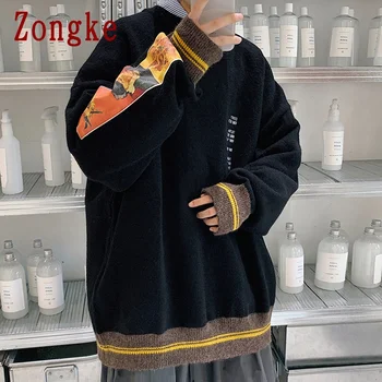 Zongke Mozaik Pleteni Pulover Moških Oblačil Harajuku Puloverji Puloverju Moški Pulover Modi Mens Oblačila M-3XL 2021
