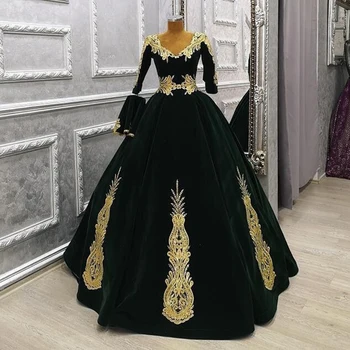 Črna/Burgundija Dolge Večerne Obleke 2020 Elegantno Zlato Appliques Žogo Obleke Z Dolgimi Rokavi Ženske Formalno Večerne Abendkleider