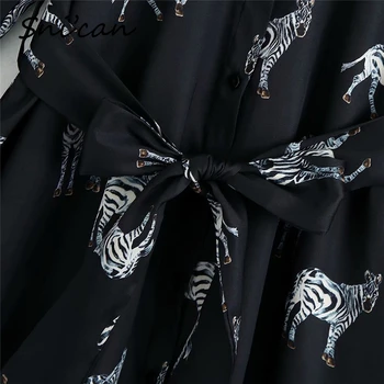 črna zebra print obleko eleganten dolg rokav pasu urad dame majica dress vintage femme robe za leto 2020 ženska poletje sukienka nova