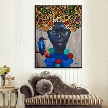 Črna Ženska Z Ptica Platno Slikarstvo Afriki Wall Art Oljno sliko Natisniti Plakat Stenske Slike Za Dnevni Sobi Doma Dekor tableau
