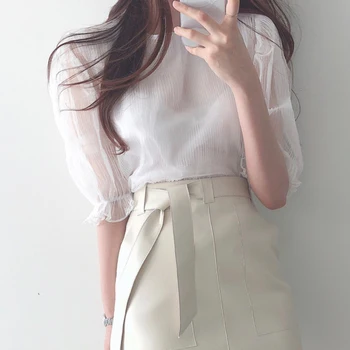 Šifon naguban pol majica ženska korejski trdna perspektivi ohlapno rokavi ženske Preprosto poletje krog vratu slim rokavi ženske 2020