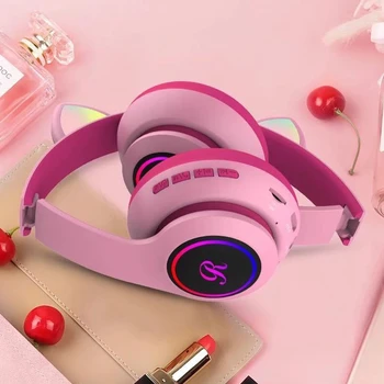 Žareče Mačka Bluetooth Otrok Slušalke z Mikrofonom Zložljive Srčkan Brezžični Dekle Slušalke MP3, Telefon, Glasba 3D Stereo Čelada Darilo