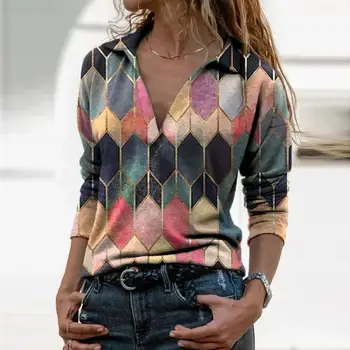 Ženska Majica Novi Retro Svoboden vrhovi ženska Globoko V-Neck Bluzo Mozaik Retro Tiskanja Dolgo Sleeved Majica ženske Bluzo 2021
