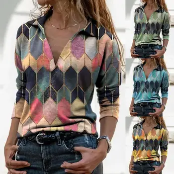 Ženska Majica Novi Retro Svoboden vrhovi ženska Globoko V-Neck Bluzo Mozaik Retro Tiskanja Dolgo Sleeved Majica ženske Bluzo 2021