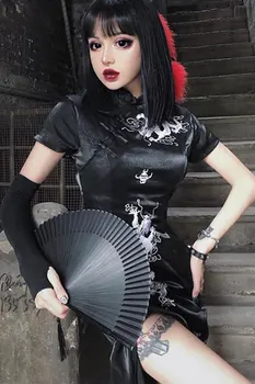 Ženska Suh Mandarin Ovratnik Obleko Kitajski Slog Split Cheongsam Obleko Trend 2020 Vezenje Kratek Rokav Moda Midi Obleke