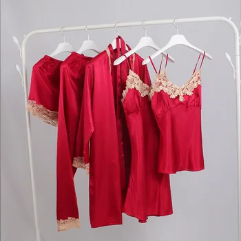 Ženske 5PCS Sleepwear Saten Pižamo Nastavite Mehko Pijama bo Ustrezala Ženski Priložnostne More Kimono kopalni plašč Obleke Seksi Čipke Trim Spanja Set