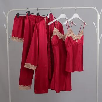 Ženske 5PCS Sleepwear Saten Pižamo Nastavite Mehko Pijama bo Ustrezala Ženski Priložnostne More Kimono kopalni plašč Obleke Seksi Čipke Trim Spanja Set