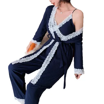 Ženske Bombažno Pižamo Komplet 3 Kosov Jeseni, Pozimi Seksi Čipke Pižamo Ženska Sleepwear Pižamo Mehko Priložnostne Zanko Hlače Haljo Homewear