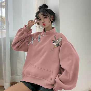 Ženske majica Kitajski slog sponke vezenje plus žamet zadebelitev stand-up ovratnik capless dolgo sleeved hoodies retro femal