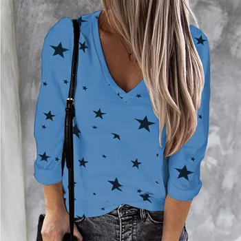 Ženske Modne Pentagram Tiskanje Majice, T-Majice 2020 Jeseni Dolg Rokav Vrhovi Tee Svoboden Priložnostne Ženske Modro Majico Velik obseg 5XL