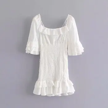 Ženske Poletne Bele Obleke 2019 Nov Modni Bombaž Ruffles Poševnica Vratu Elastično Telo Vitko Dekle Mini Obleke Feminino Vestidos