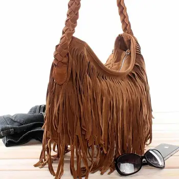 Ženske Retro Trendom Cross Body Bag Tassel Piling Faux Antilop Bonitete Messenger Rame Torbico