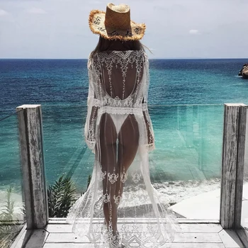 Ženske Romantične Šifon Kimono Poletje Čipke Plaža, Bikini Kritje Ups Počitnice Jopico Zaviti Dolgo Bluzo
