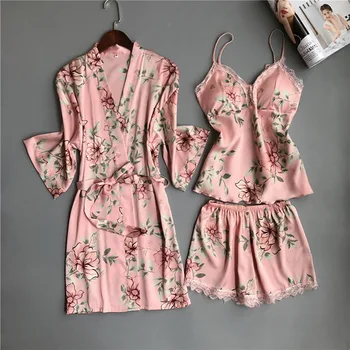 Ženske Seksi Čipke Cvjetnim Tiskanja Pižamo 2021 Pomlad Femal Bo Ustrezala Saten Pižame More Kimono Plašč Homewear Sleepwear Plus Velikost