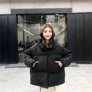 Ženske zimske oblazinjeni oblačila kratek kruh oblačila korejski barva dolg rokav zgosti Harajuku svoboden oblazinjeni suknjič 2Z