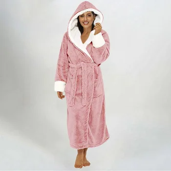 Ženske Zimske Plus Velikost Dolgo Hooded Flanela Kopalni Plašč Toplo Kopel Haljo Zadrgo Noseča Noč Hišna Obleke Moške Sleepwear